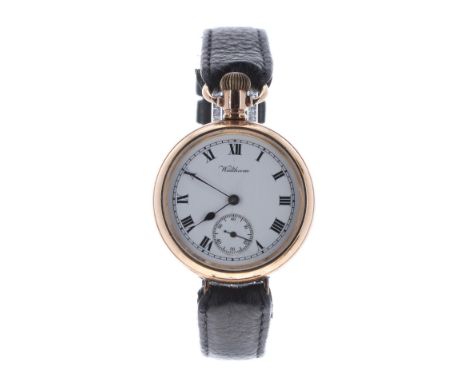 Waltham gold plated converted fob/wristwatch, circa 1909, circular signed enamel dial with Roman numerals, minute track and s