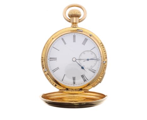 Fine and complex Swiss 18ct two-train quarter repeating hunter pocket watch with Grand Sonnerie, lever set, glazed fully jewe