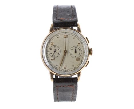 Swiss 9ct chronograph gentleman's wristwatch, London 1963, the silvered dial with Roman numerals, dot markers, chronograph ce