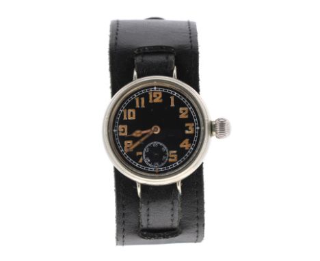WWI period nickel cased officers trench wristwatch, the black dial with luminous Arabic numerals, luminous set  hands and sub