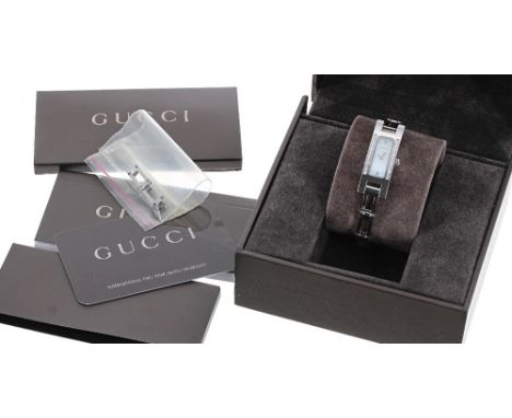 Gucci diamond set stainless steel lady's bracelet watch, ref. 3900L, mother of pearl dial, quartz, 12mm - ** with box and War