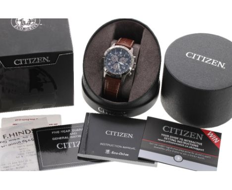 Citizen Eco-Drive chronograph stainless steel gentleman's wristwatch, ref. E820-S061636, tan leather strap, bezel 43mm diamet
