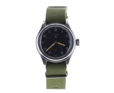 Eterna British Military issue gentleman's wristwatch, circa 1940s, signed black dial with broad arrow, Arabic numerals and su