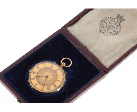 Swiss 18ct cylinder fob watch, gilt frosted bar movement, the gilded dial with a matt centre, Roman numerals and blued steel 
