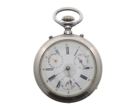 Nickel cased calendar cylinder pocket watch, cylinder bar movement  the dial with Roman numerals, date and French day subsidi