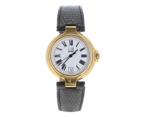 Dunhill gold plated and stainless steel lady's wristwatch, case no. P6 16604, circular white dial with Roman numerals, dot mi