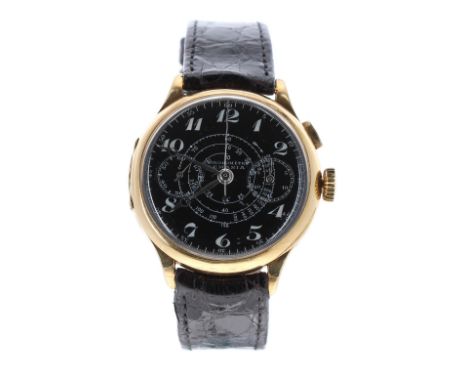 Military style 18ct single button chronograph gentleman's wristwatch, circa 1930s, circular black dial  signed Lemania Chrono
