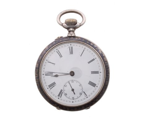 Orion silver niello cased lever pocket watch, signed gilt frosted movement no. 48489, the dial with Roman numerals and subsid