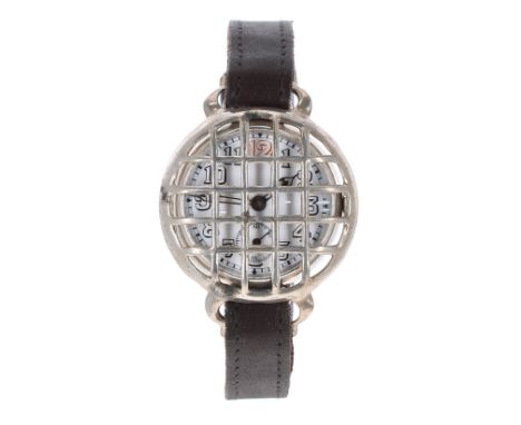Swiss WWI silver wire-lug trench wristwatch with shrapnel guard, import hallmarks London 1915, circular enamel dial with Arab