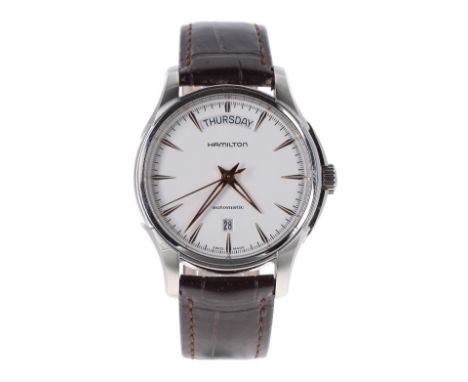 Hamilton Jazzmaster Day Date automatic stainless steel gentleman's wristwatch, ref. H325050, circular white dial with gilt da