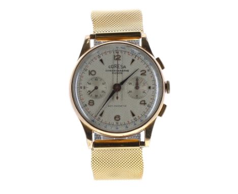 Coresa Suisse Chronogphe 18ct gentleman's wristwatch, silvered dial with Arabic numerals, dagger markers, chronograph centre 