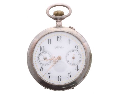 Globo Swiss silver (0,875) quarter repeating lever pocket watch, gilt frosted movement with hammers striking on a gong, the d