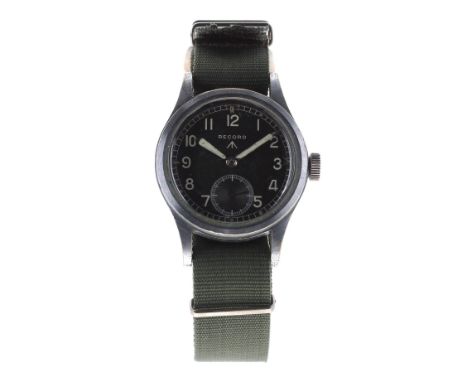 Record Military issue gentleman's wristwatch, circa 1940s, signed black dial with broad arrow, white Arabic numerals, luminou