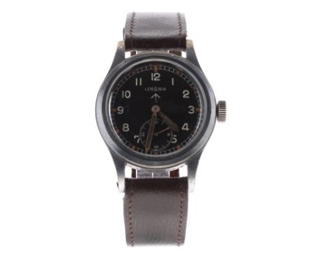 Lemania British Military issue gentleman's wristwatch, circa 1940s, the black dial with broad arrow, white Arabic numerals, l