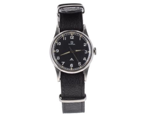 Omega Air Ministry issue pilots stainless steel wristwatch, circa 1942, the signed black dial with broad arrow, white Arabic 