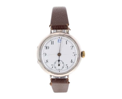 Swiss WWI period silver wire-lug wristwatch, import hallmarks Glasgow 1917, circular enamel dial with Arabic numerals, blue t