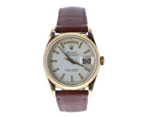 Rolex Oyster Perpetual Day-Date 18ct gentleman's wristwatch, ref. 18238, circa 1990, serial no. E450xxx, fluted bezel, silver