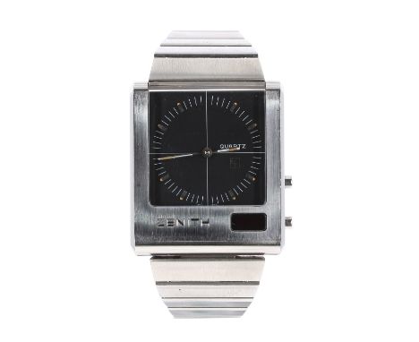 Rare Zenith "Futur Time Command" LED analogue/digital rectangular stainless steel gentleman's bracelet watch, square grey dia