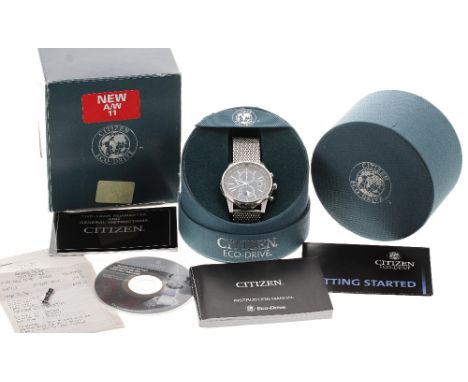 Citizen Eco-Drive WR100 chronograph stainless steel gentleman's bracelet watch, blue dial with baton markers, minute track, d