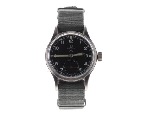 Omega British Military issue stainless steel gentleman's wristwatch, circa 1940s, the signed black dial with thin broad arrow