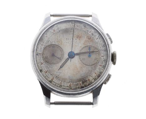 Doxa Suisse chronograph stainless steel gentleman's wristwatch, circa 1940s, silvered dial with Arabic numerals, chronograph 