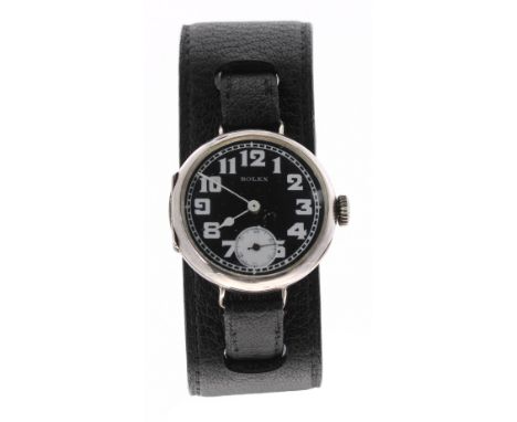 Rolex WWI period silver officers wire-lug trench wristwatch, import hallmarks for London 1916, signed black dial with white A