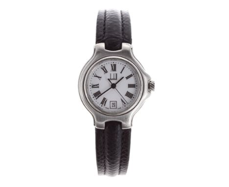 Dunhill stainless steel lady's wristwatch, case no. 84 10093, circular white dial with Roman numerals, dot minute markers, da