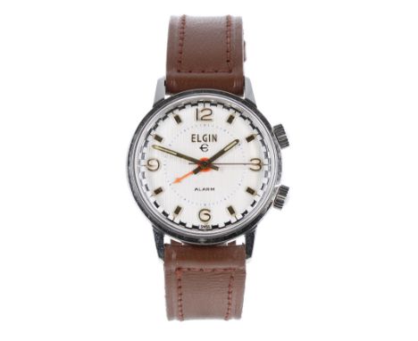 Elgin Alarm stainless steel gentleman's wristwatch, circular silvered dial with gilt quarter Arabic numerals and baton marker