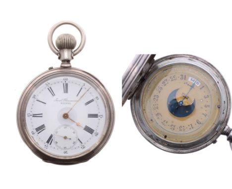 Swiss double dial silver calendar pocket watch, gilt frosted lever bar movement, the white signed Jacot Burman, Bienne, with 