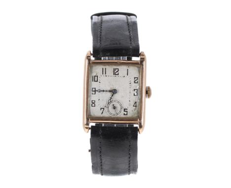 9ct square cased wire-lug gentleman's wristwatch, import hallmarks Glasgow 1927, square silvered dial with Arabic numerals, i