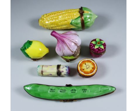 Seven Limoges Porcelain Fruit and Vegetable Trinket Box Models, Late 20th Century, incuding - corn on the cob, 4.75ins wide, 