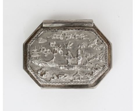 An Elizabeth II Cast Silver Octagonal Snuff Box, by W C S, London 1979, the lid and sides cast and chased with chinoiserie sc