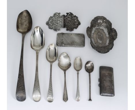 A George III Silver Bright Cut "Old English" Pattern Gravy Spoon and mixed silverware, the gravy spoon, makers mark worn, Lon