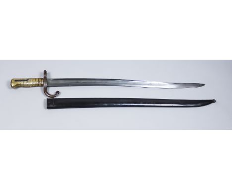 An Early 20th Century Yachatahan Bayonet, 22.5ins bright steel fullered blade, quillion cross guard, brass hilt, 27ins overal