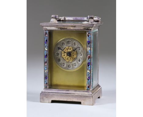 An Early 20th Century French Silvered and Enamelled Carriage Timepiece, the silvered chapter ring withArabic numerals to the 