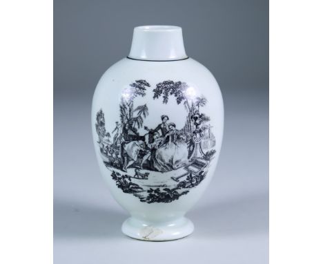 A Worcester Tea Caddy, Circa 1770-1775, transfer printed in black with "L'Amour" to one side, the other with three young ladi