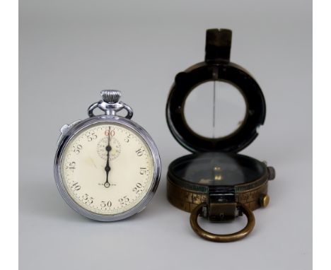 A Mid-20th Century American Chrome Cased Open Faced Keyless Stopwatch, and a Prismatic Compass, the stopwatch by Waltham, No.