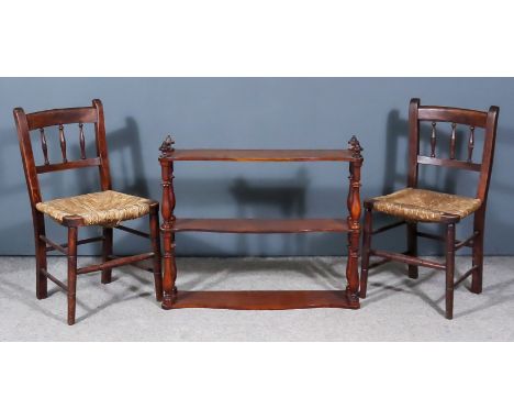 A Pair of Victorian Child's Stained Wood Chairs and a Mahogany Three-Tier Serpentine Fronted Wall Shelf, the chairs each with