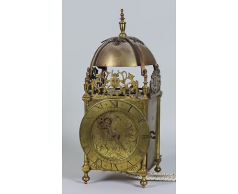 An 18th Century and Later Brass Lantern Clock,  the 6.25ins chapter ring with Roman numerals, tulip engraved centre, pierced 