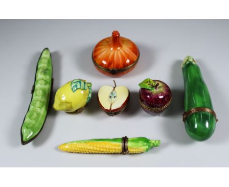 Seven Limoges Porcelain Fruit and Vegetable Trinket Box Models, Late 20th Century, including a broad bean, 6ins wide, courget
