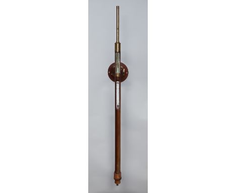 A Walnut Cased Lacquered Brass Stick Barometer and Thermometer, in plain cylindrical case, mounted in a brass gimbal, 46ins