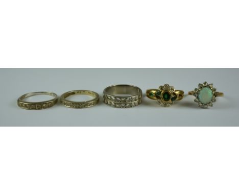 A Mixed Lot of Gem Set Rings, Modern, comprising - a 9ct gold set with green and white stones, size P, 9ct gold ring set with