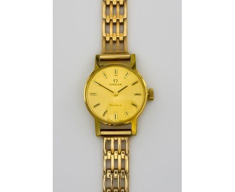 A Lady's Omega Manual Wind Wristwatch, Late 20th Century, gold colour metal cased, 21mm diameter, on 9ct gold bracelet, gross