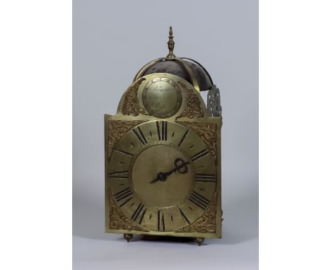 An 18th Century and Later "Hoop &amp; Spike" Brass Wall Mounted Lantern Clock,  the 7.5ins chapter ring with Roman numerals, 