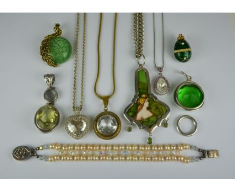 A Mixed Lot of Silver and Costume Jewellery, Modern, comprising - silver chain with painted panel, faceted yellow stone penda