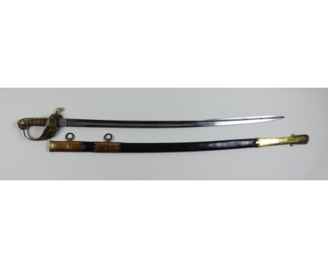 An East India Company Naval Officers Sword, with flat back, spear point blade, 29ins bright steel blade, brass guard decorate