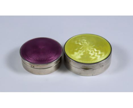 Two Early 20th Century Silver, Silver Gilt and Enamel Circular Boxes, one with import marks for Miller Brothers, London 1927,
