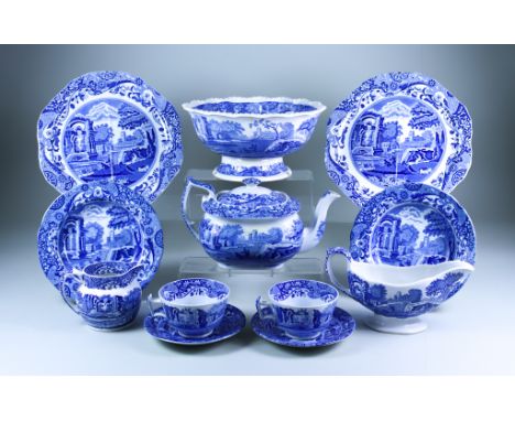 A Copeland Spode Blue and White Pottery Part Dinner and Tea Service, printed with "Italian" pattern, various dates (approxima