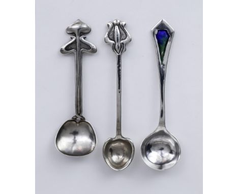 Three Edward VII Arts &amp; Crafts Silver Salt Spoons, one by Liberty &amp; Co, Birmingham 1901, with oval bowl and shaped te