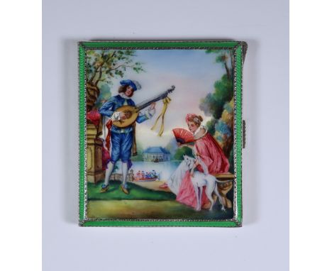 A George V Silver, Silver Gilt and Enamel Rectangular Cigarette Case, by H K Birmingham 1932, the lid decorated with Watteaue